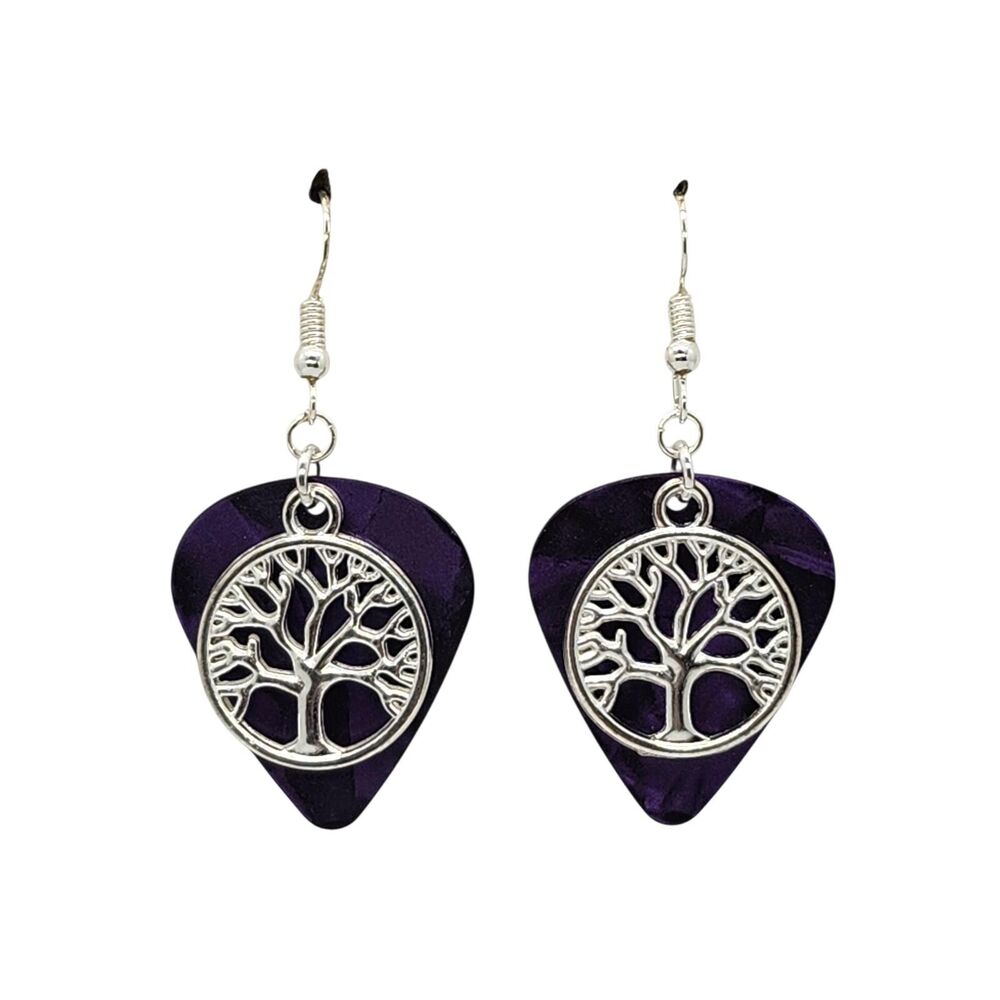 Tree of Life Charm Guitar Pick Earrings - Choose Color - Handmade in USA